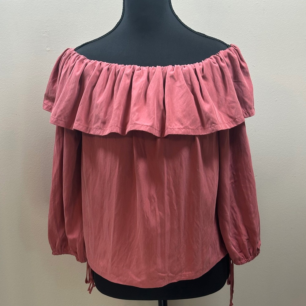 En Elly Women's Off The Shoulder Ruffle Long Sleeve Tie Blouse‎ Top Small Pink